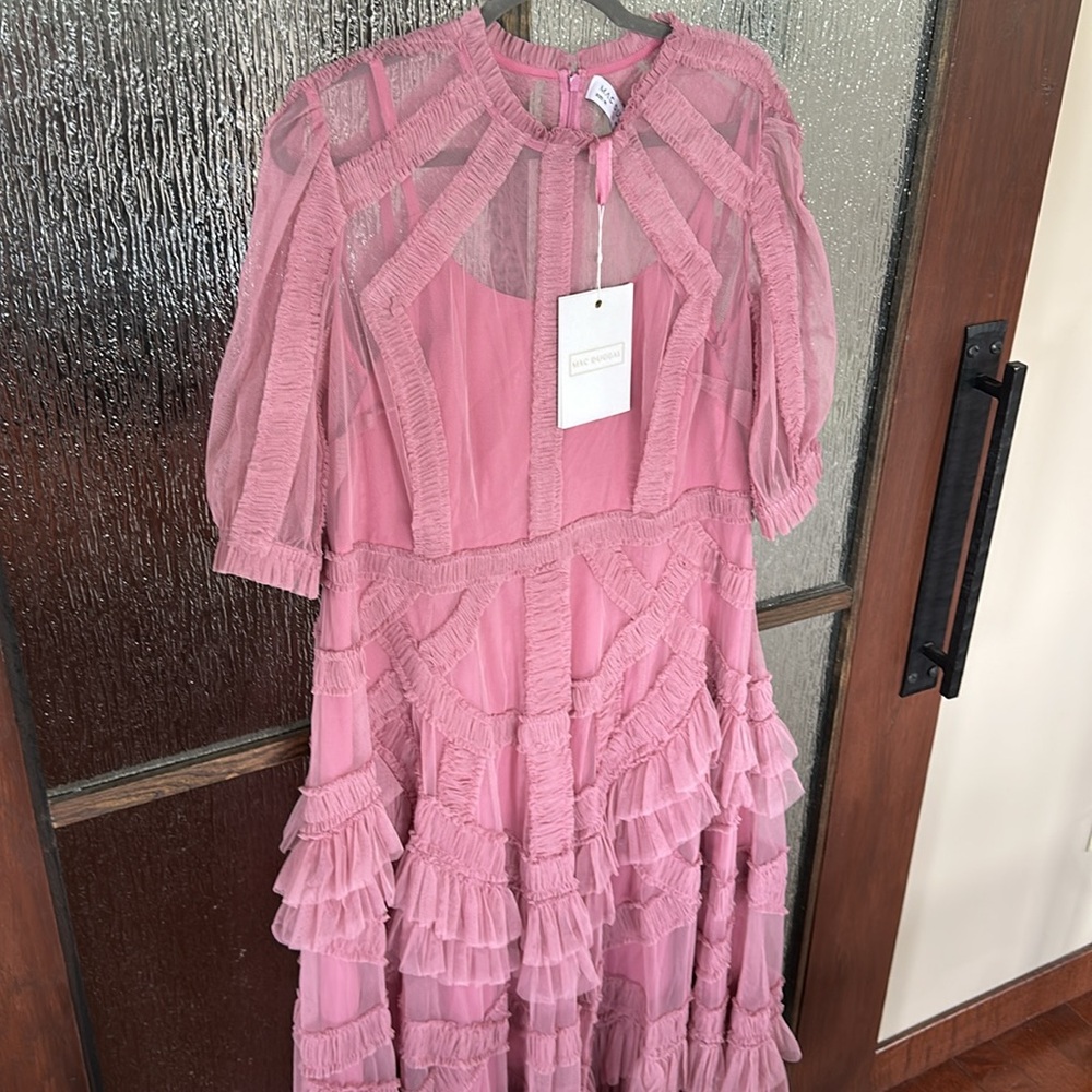 Mac Duggal Mauve Pink Lace-Trim Midi Dress - Picture 11 of 14